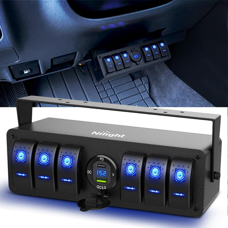 6Gang Aluminum 5Pin SPST Blue Rocker Switch Panel w/ PD Type C and USB Charger Voltmeter Nilight