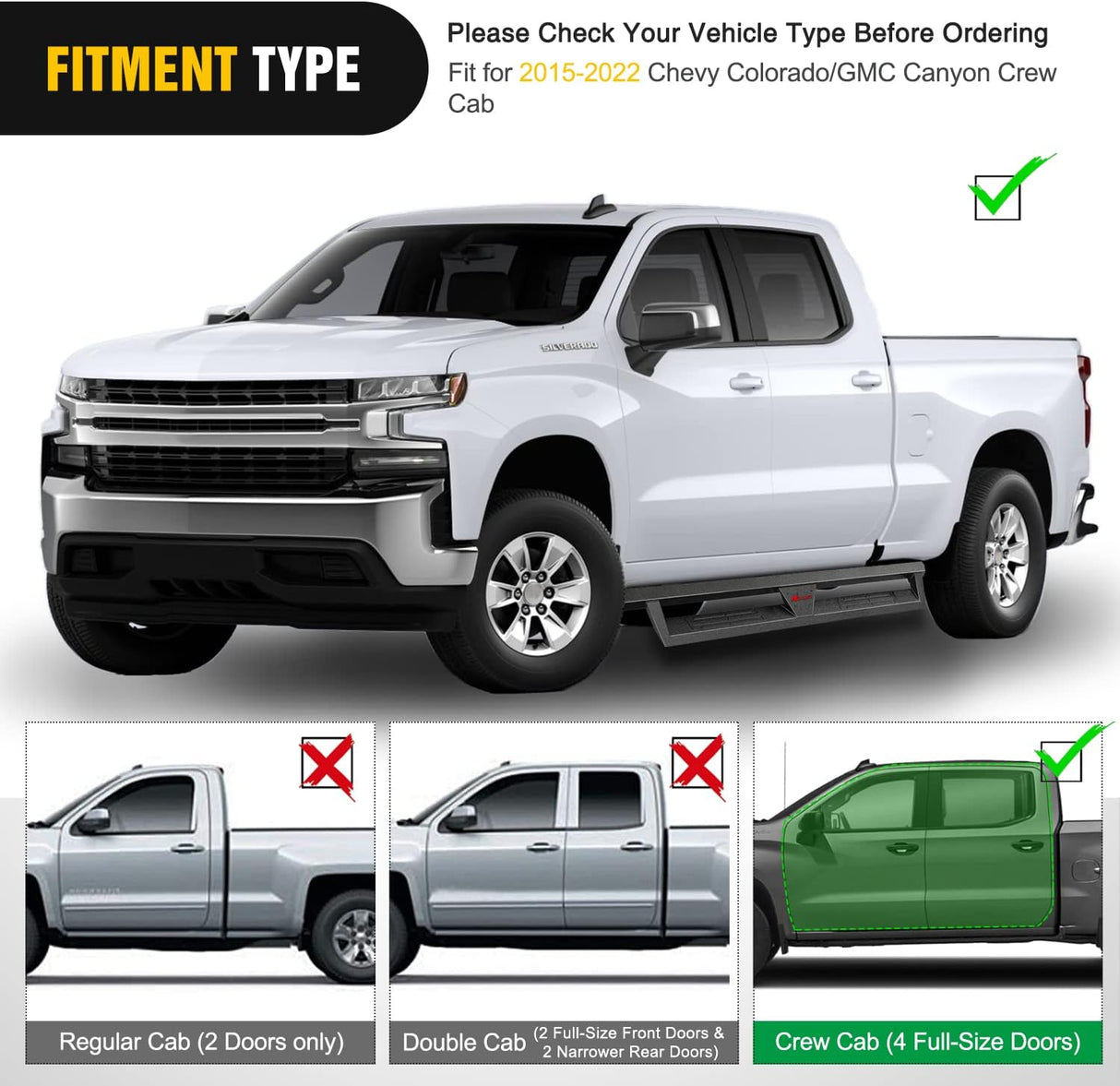 2015-2023 Chevy Colorado/GMC Canyon Crew Cab Running Boards Dual-Stage Textured Black Powder Coated Slip-Proof Side Step Nerf Bars Running Boards Nilight