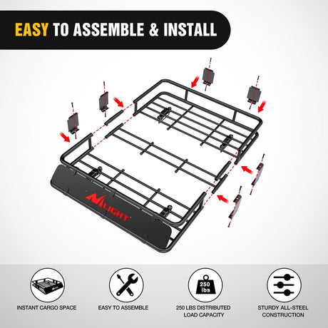 Universal Roof Rack Cargo Basket 43" x 39" x 6" With Cargo Net Ratchet Straps Luggage Holder Nilight