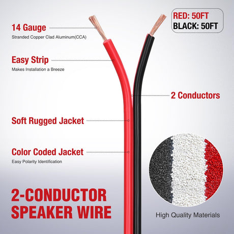 14AWG 50FT Copper Clad Aluminum Wire 14/2 Gauge Red Black CCA Electrical Cable 2 Conductor Parallel 12V/24V DC Flexible Extension Cords Nilight