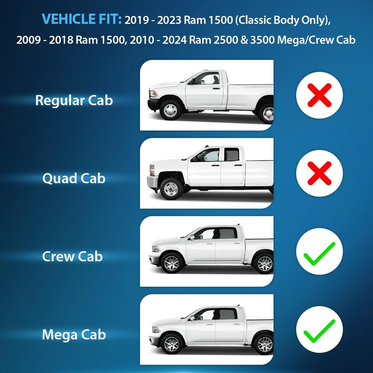 Rain Guards 2009-2018 Dodge Ram 1500 Crew Cab 2019-2023 Ram 1500 Classic Body 2010-2024 Ram 2500 3500 Mega Crew Cabs Rain Guards Acrylic 4Pcs