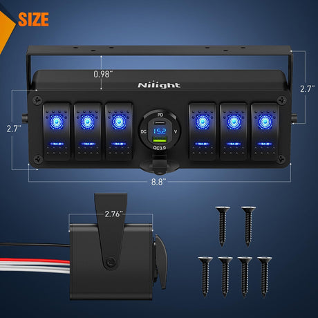 6Gang Aluminum 5Pin SPST Blue Rocker Switch Panel w/ PD Type C and USB Charger Voltmeter Nilight