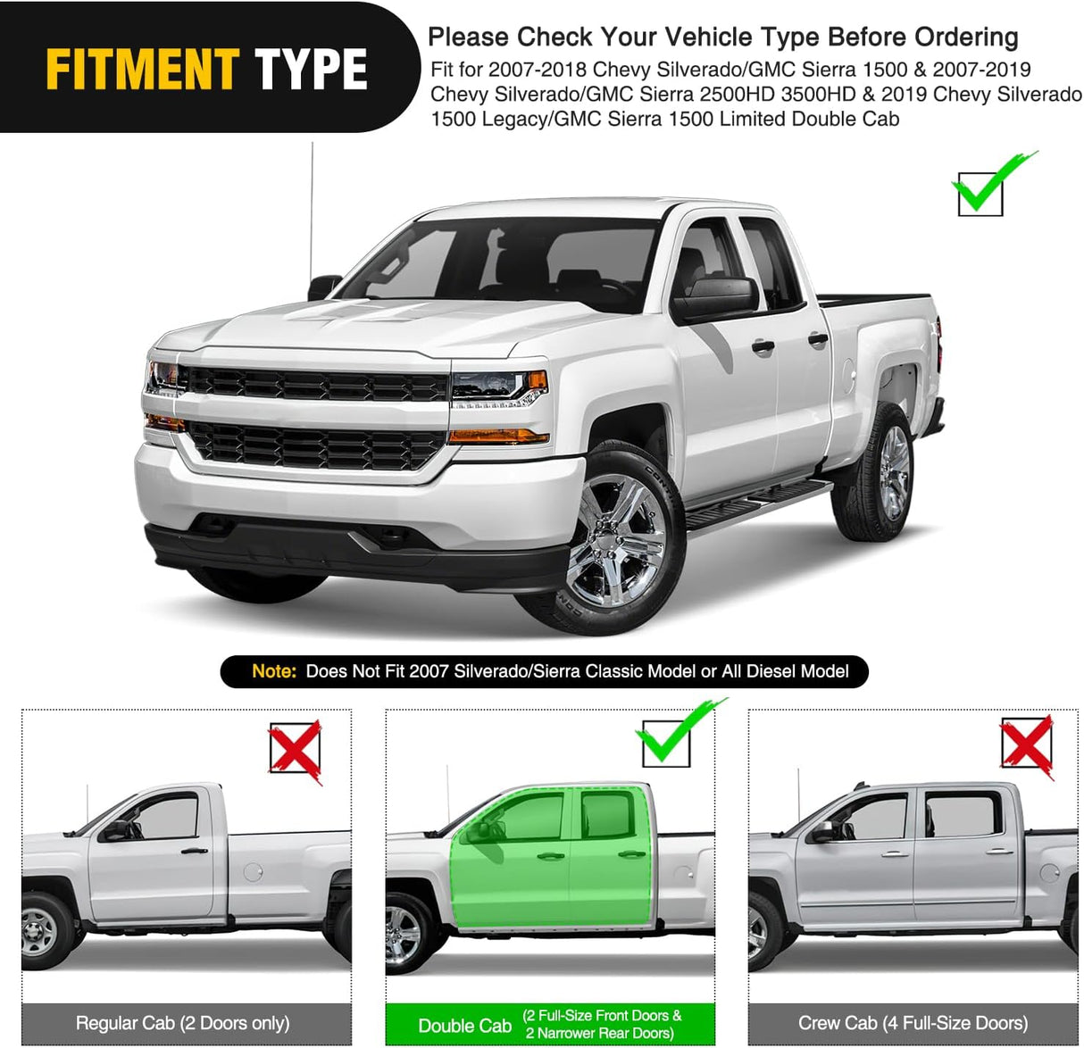 2007-2018 Chevy Silverado/GMC Sierra 1500 Double Extended Cab 2007-2019 Chevy Silverado/GMC Sierra 2500HD 3500HD 6 Inch Stainless Steel Side Step Nerf Bars Running Boards Nilight