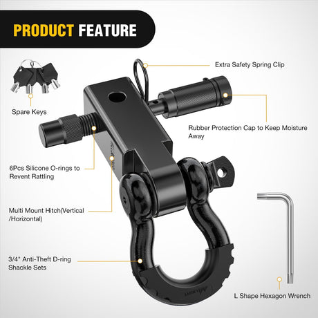 2 Inch Anti-Theft Shackle Hitch Receiver Set Black Nilight