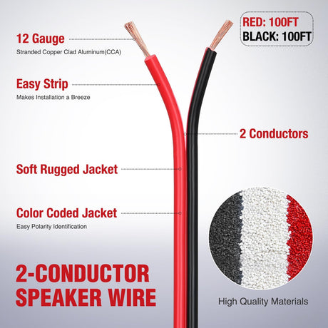 12AWG 100FT Copper Clad Aluminum Wire 12/2 Gauge Red Black CCA Electrical Cable 2 Conductor Parallel 12V 24V DC Flexible Extension Cords Nilight