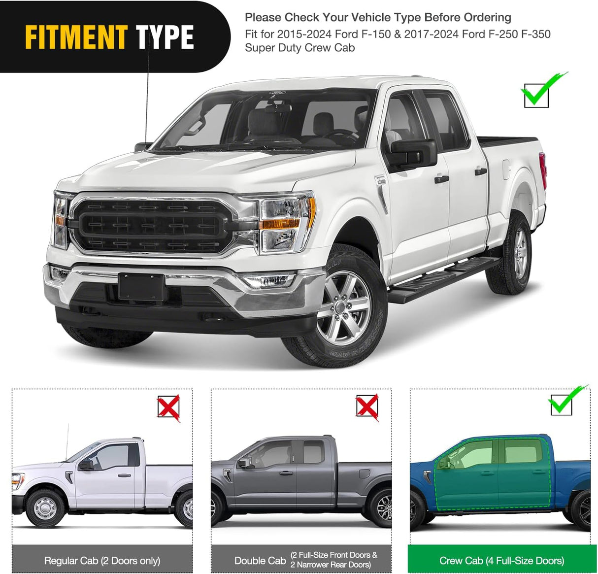 2015-2024 Ford F150 SuperCrew Cab Pickup 4 Door 2017-2024 Ford F250 F350 Super Duty Crew Cab 6 Inch Slip-Proof Aluminum Side Step Nerf Bars Nilight