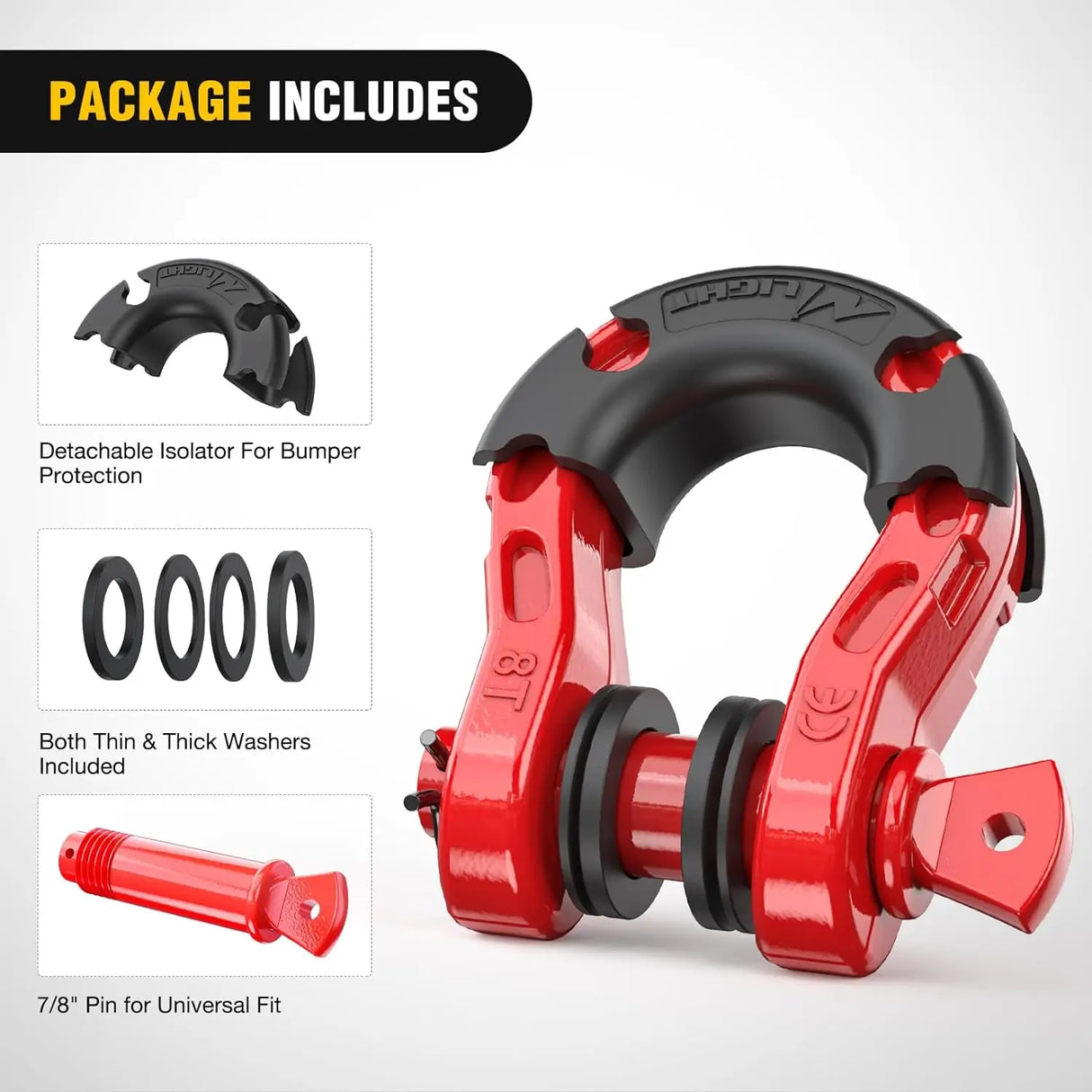 Shackle 3/4 inch Mega D-Ring Shackle With 7/8 inch Screw Pin 68000LBS Red (Pair)