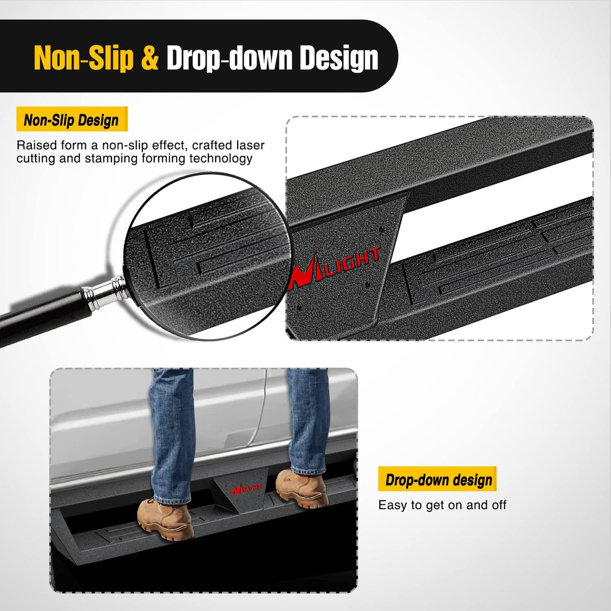 2015-2023 Chevy Colorado/GMC Canyon Crew Cab Running Boards Dual-Stage Textured Black Powder Coated Slip-Proof Side Step Nerf Bars Running Boards Nilight