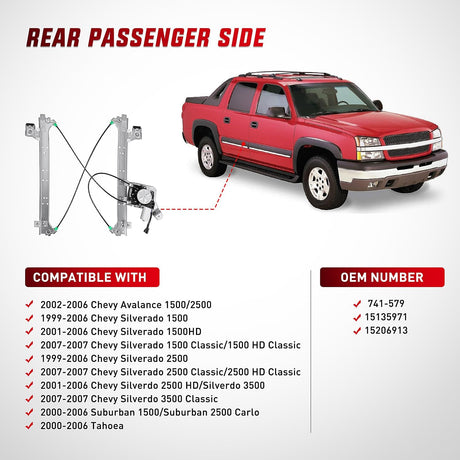 2001-2006 Chevrolet Avalanche Silverado Suburban GMC Sierra Yukon XL 1500 2500 3500 Rear Passenger Side Power Window Regulator Nilight