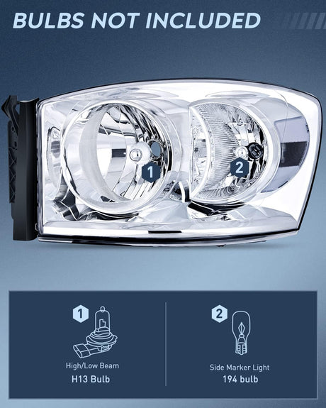 2007-2009 Dodge Ram 1500/2500/3500 Headlight Assembly Chrome Housing Clear Reflector Clear Lens Nilight