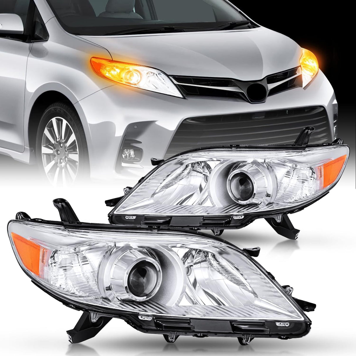 Headlight Assembly Headlight Assembly Chrome Housing Amber Reflector Clear Lens For 2011 2012 2013 2014 2015 2016 2017 2018 2019 2020 Toyota Sienna