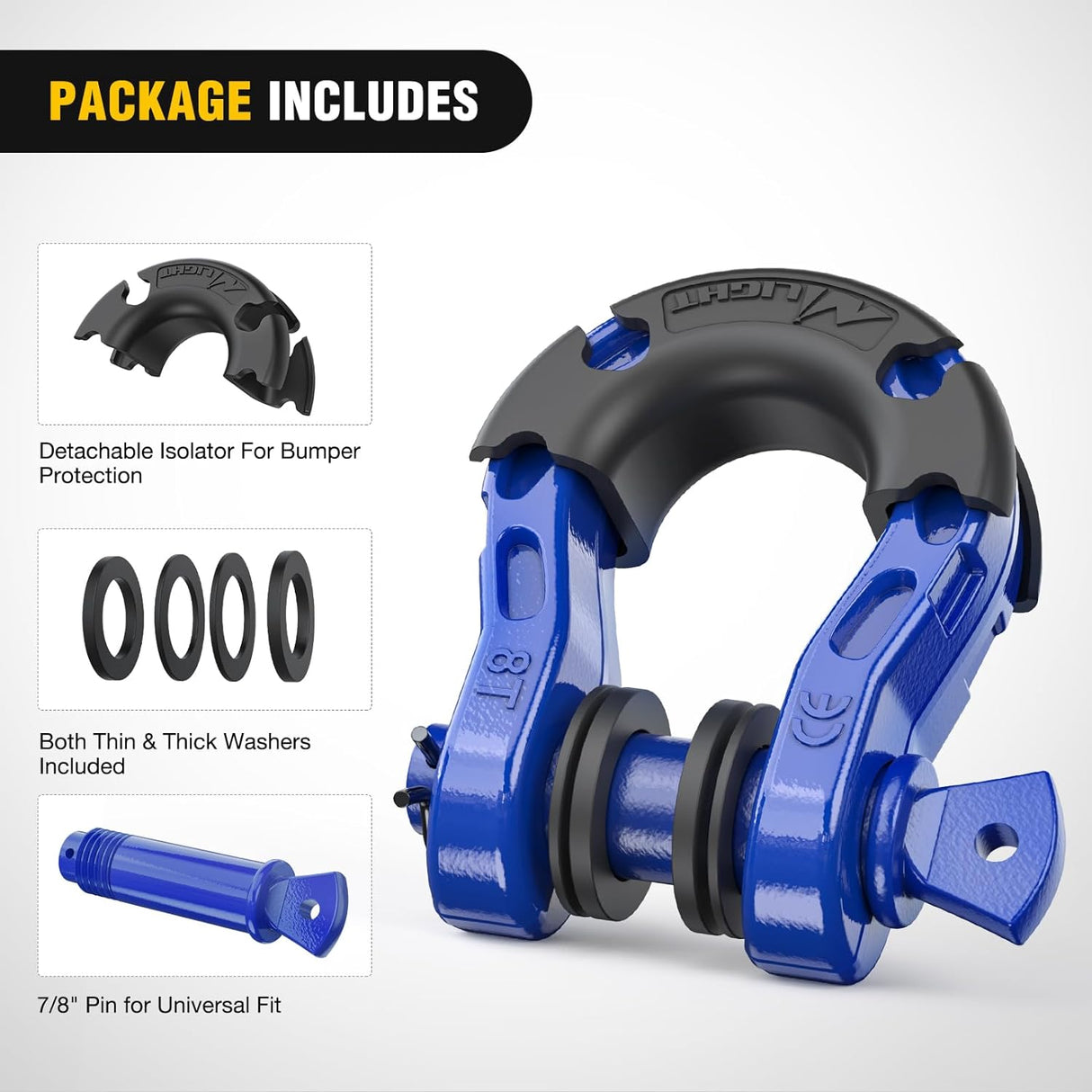 3/4 inch Mega D-Ring Shackle With 7/8 inch Screw Pin 68000LBS Blue (Pair) Nilight