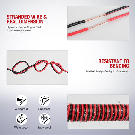 18AWG 100FT Copper Clad Aluminum Wire 18/2 Gauge Red Black CCA Electrical Cable 2 Conductor Parallel 12V/24V DC Flexible Extension Cords Nilight