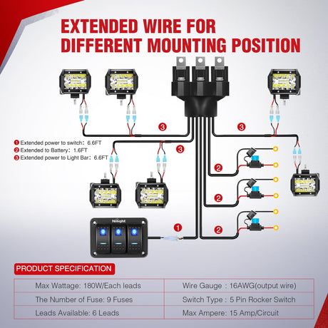 16AWG Wire Harness 6 Leads W/ 3 Gang Rocker Switch | 9 Fuses | 12 Spade Connectors Nilight