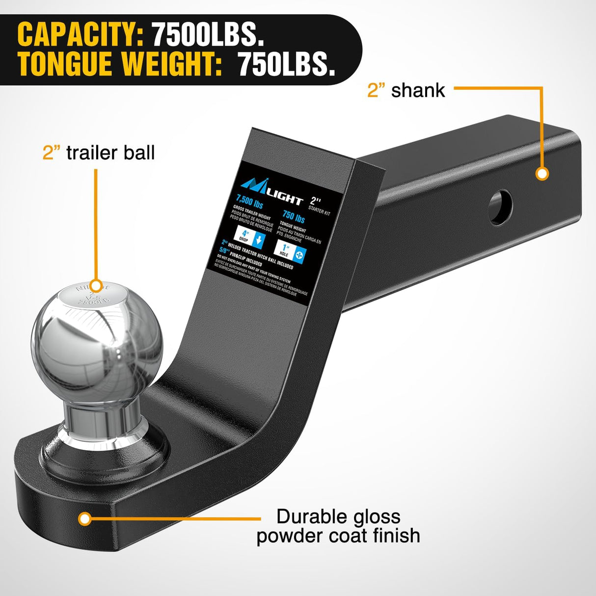 Fusion Trailer Hitch Mount with 2 Inch Trailer Ball 5/8 Inch Hitch Pin Clip 4 Inch Drop Nilight