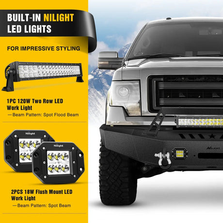 2009-2014 Ford F150 Front Bumper Full Width Solid Steel with Winch Plate Offroad 120W LED Light Bar 2Pcs 18W LED Work Light Pods Nilight