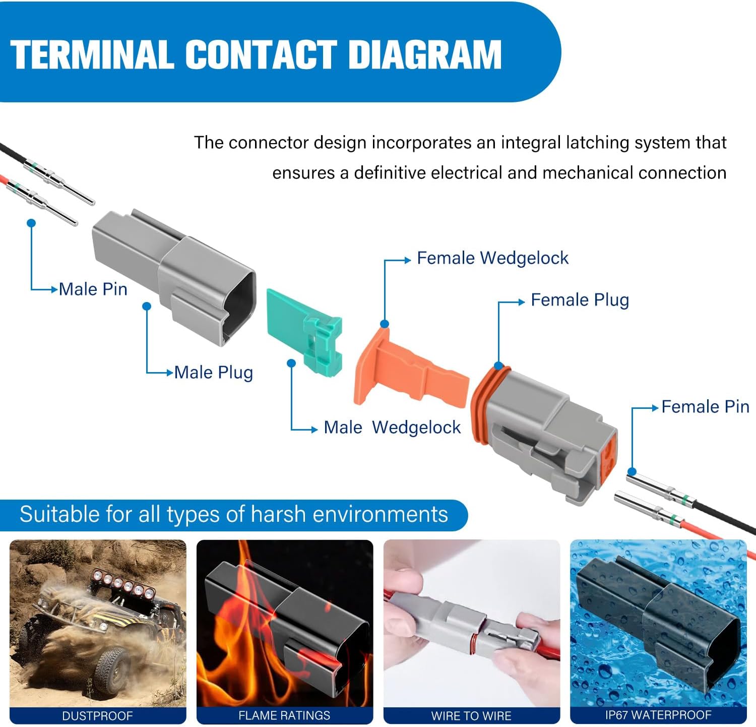 2 PIN DT Connector Kit 3 Sets Size 16 Solid Contacts Waterproof Male Female Terminal for 14-20 AWG DT Series Connector nilight