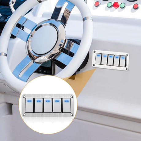 5Gang Aluminum 3Pin ON/Off Blue Led Rocker Switch Panel Nilight