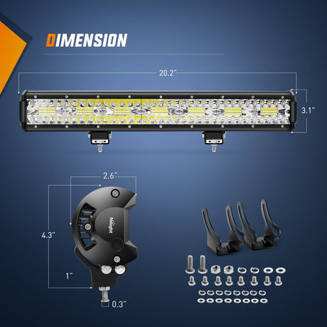 20 Inch 420W 42000LM Triple Row Spot Flood LED Light Bar W/ Front License Plate Frame Bracket | 16AWG Wire 5Pin Switch Nilight