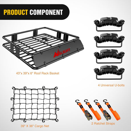 Universal Roof Rack Cargo Basket 43" x 39" x 6" With Cargo Net Ratchet Straps Luggage Holder Nilight