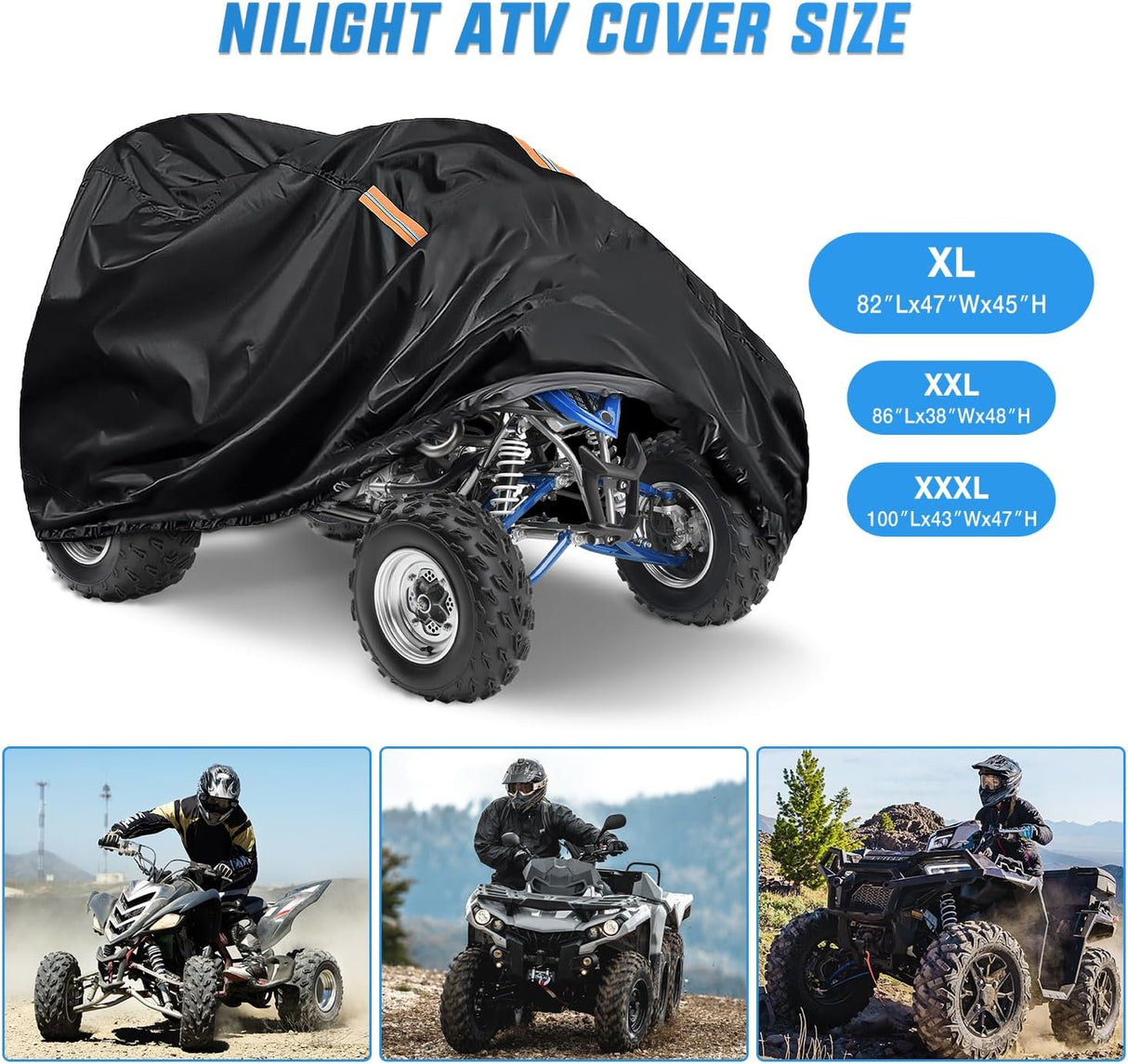 ATV Cover Waterproof 420D Heavy Duty Ripstop Material Black Protects 4 Wheeler from Snow Rain All Season All Weather UV Protection Fits up to 82 Inch Nilight