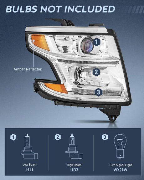 2015-2020 Chevy Tahoe Suburban Headlight Assembly Chrome Housing Amber Reflector Clear Lens Nilight