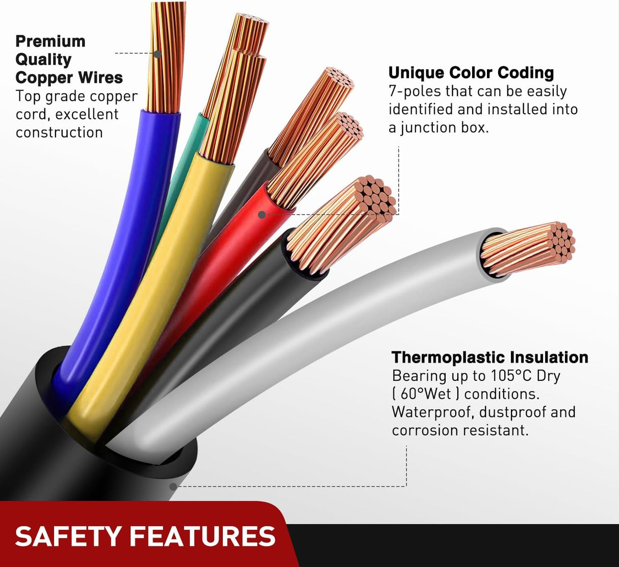 12FT 7-Way Trailer Plug Socket Extension Cable Nilight