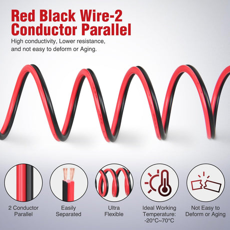 12AWG 100FT Copper Clad Aluminum Wire 12/2 Gauge Red Black CCA Electrical Cable 2 Conductor Parallel 12V 24V DC Flexible Extension Cords Nilight