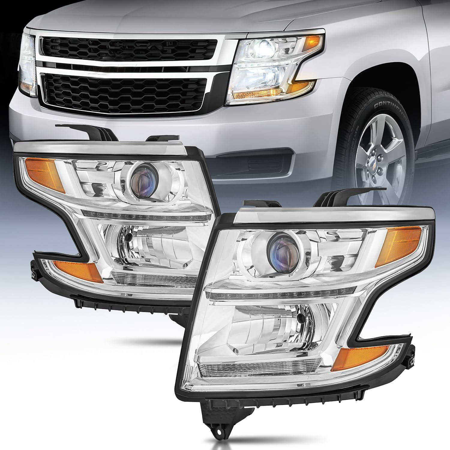 2015-2020 Chevy Tahoe Suburban Headlight Assembly Chrome Housing Amber Reflector Clear Lens Nilight