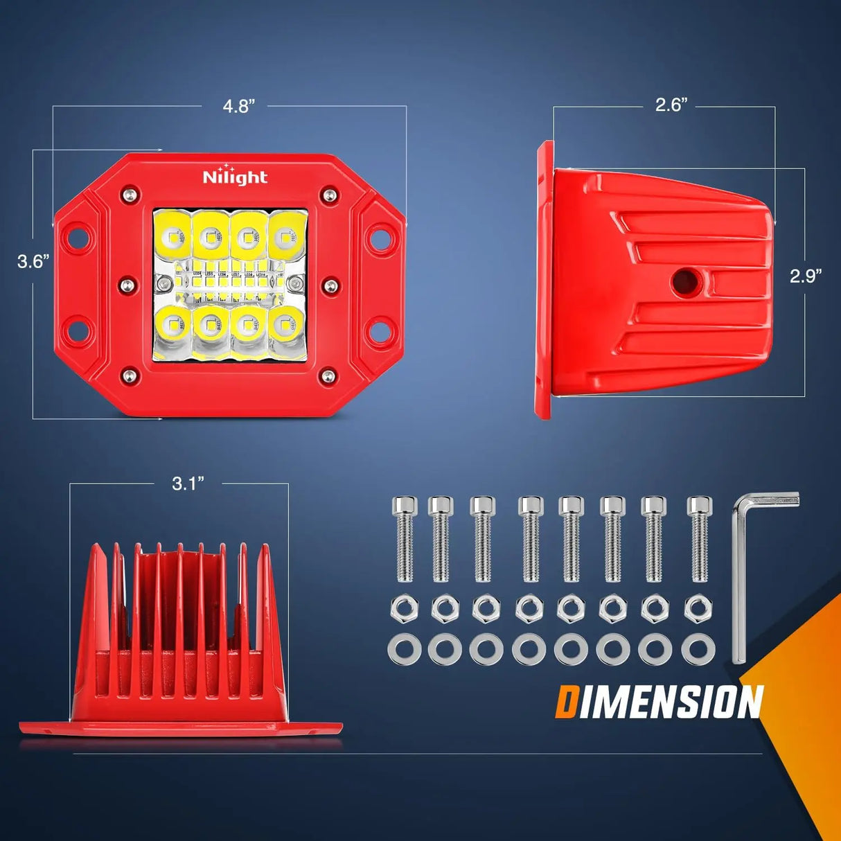 2Pcs 42W Flush Mount LED Lights with Wiring Harness Kit-2 Leads (Red Shell) Size