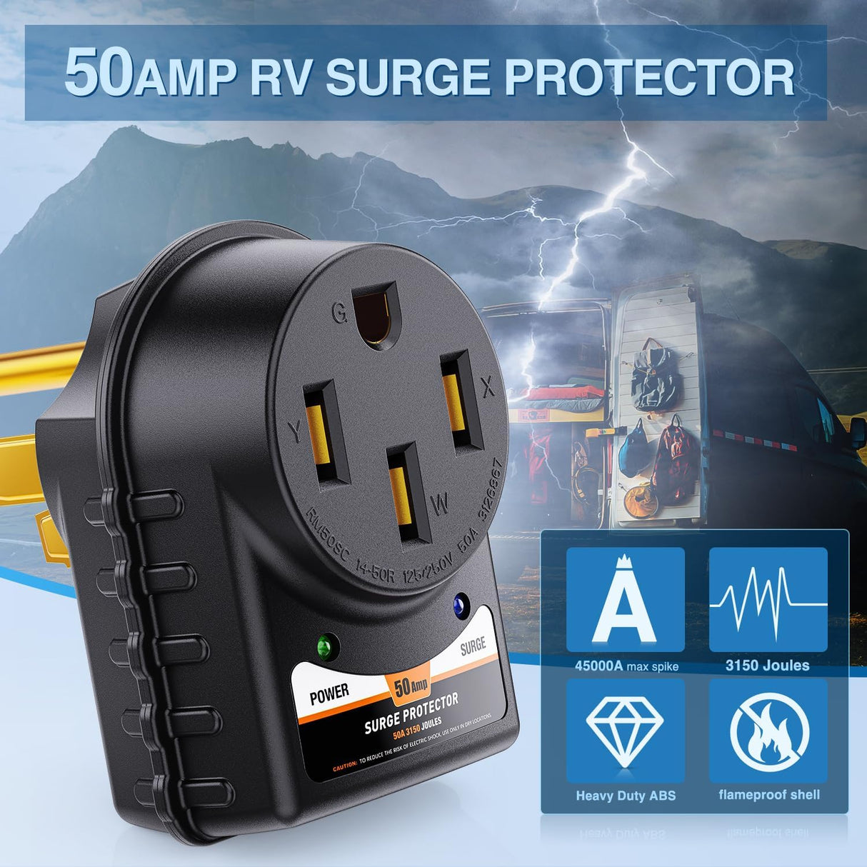 RV Parts 50 Amp RV Surge Protector 125V/6250W RV Surge Adapter Plug with LED Indicator 50 amp 3150 Joules 45000A Max Spike ETL Listed 14-50P 14-50R Power Guard for RV Camper Trailer