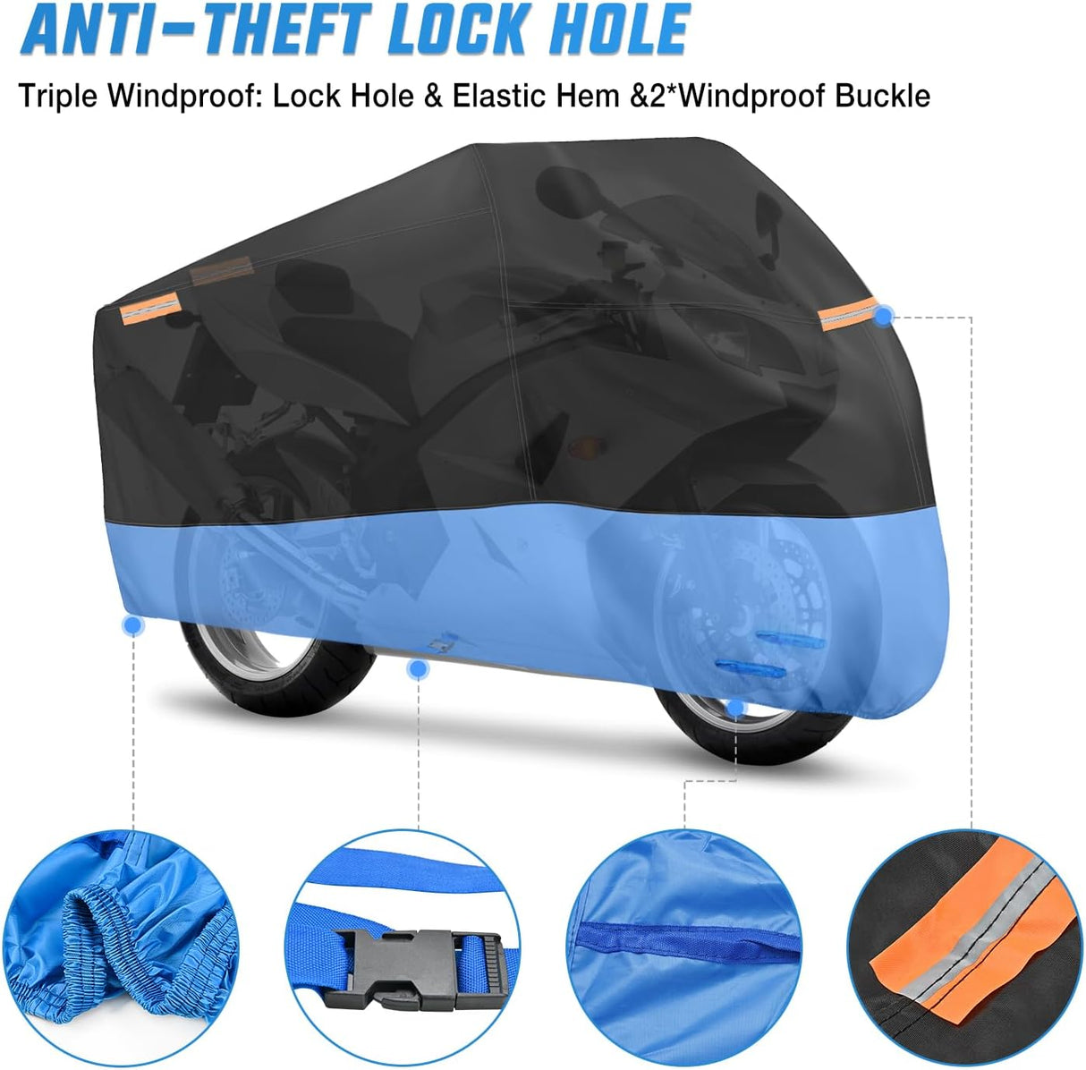 Motorcycle Cover with Lock-Hole Storage Bag & Protective Reflective Strip Fits up to 116 Inch Nilight