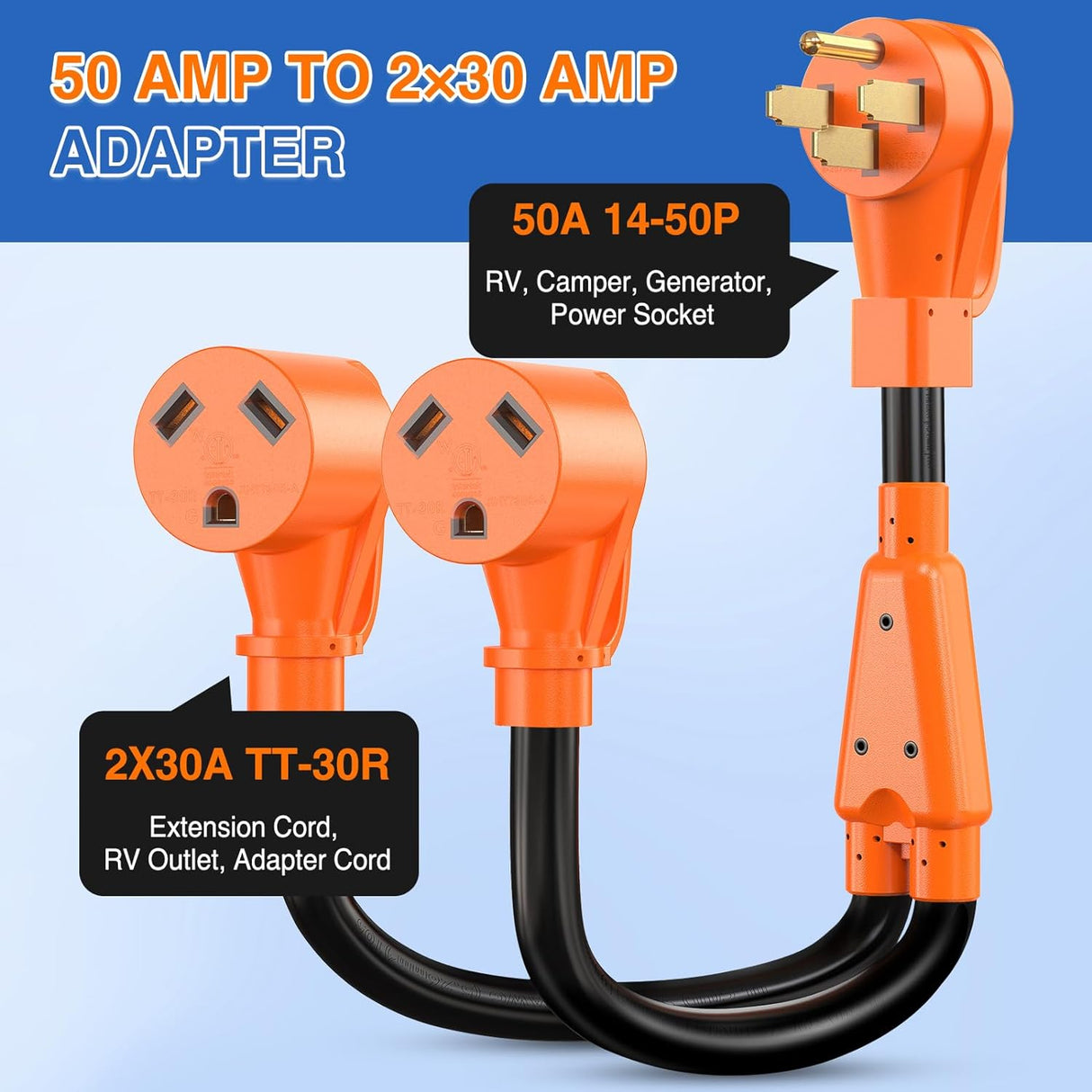 RV Parts 50 Amp to 30 Amp RV Y Splitter Adapter Cord 50A Male Plug to Two 30A Female Outlet NEMA 14-50P TT-30R Pure Copper STW 10 AWG Heavy Duty Cable for RV Camper Generator