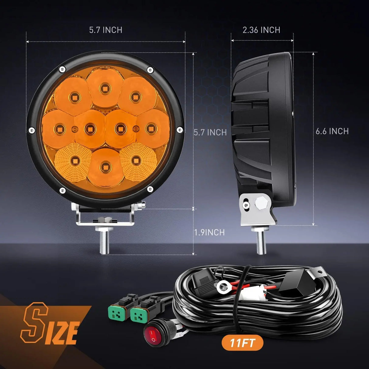 LED Light Bar 5.7" 50W 5040LM Round Yellow Spot/Flood LED Work Lights (Pair) | 16AWG DT Wire