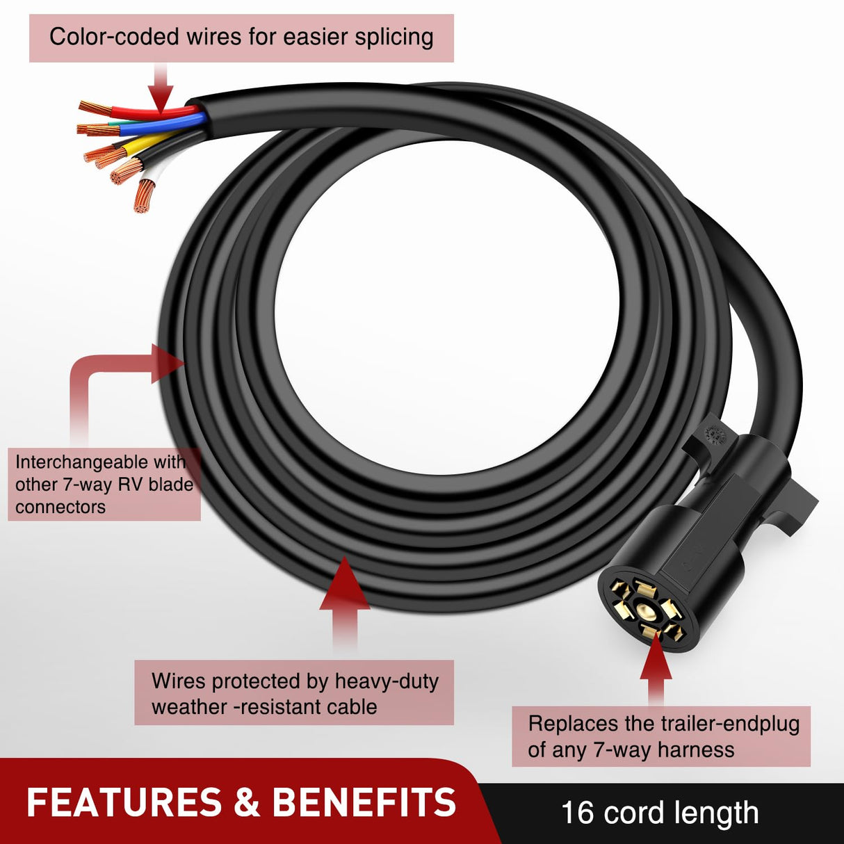 16FT Heavy Duty 7 Way Inline Trailer Cord Nilight