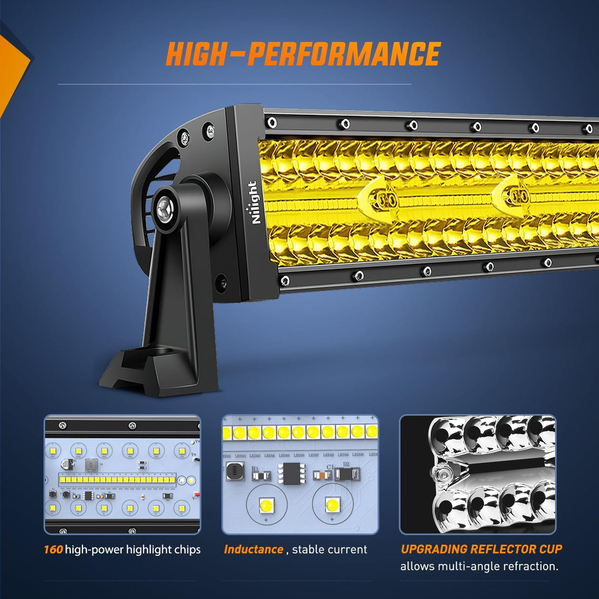 22 Inch 480W Triple Row Amber Spot Flood LED Light Bar With 16AWG Wiring Harness 3Pin Switch Nilight