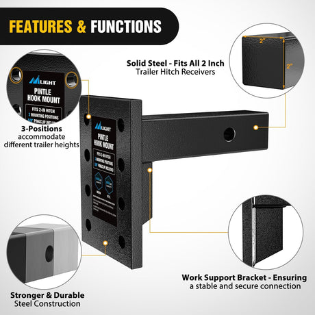3-Position Pintle Hook Mount for 2 Inch Hitch Receiver Nilight