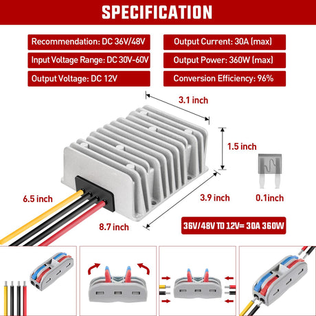 36V/48V to 12V 30A 360W Voltage Converter Nilight