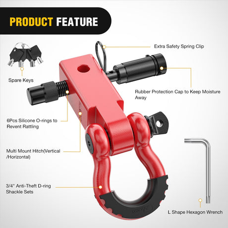 2 Inch Anti-Theft Shackle Hitch Receiver Set Red Nilight