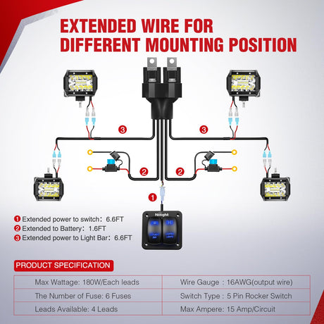 16AWG Wire Harness LED Light BAR and LED POD Lights 4 Leads W/ 12V 5Pin Switch | 6 Fuses | 8 Spade Connectors Nilight