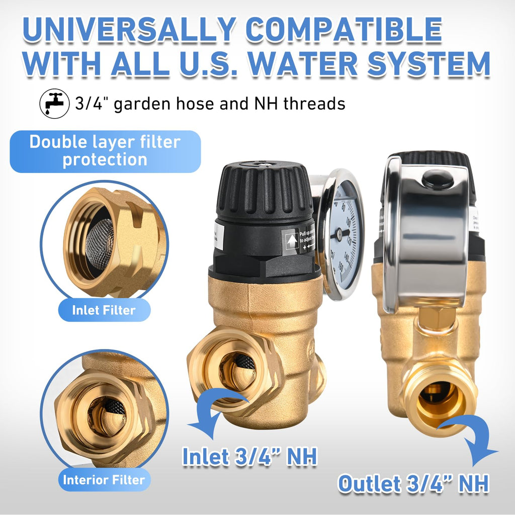 U.S. Solid Water Regulator Valve- 3/4 NH Thread No Lead Brass Hand Adjustable RV Pressure Regulator with Pressure Gauge and Water Filter