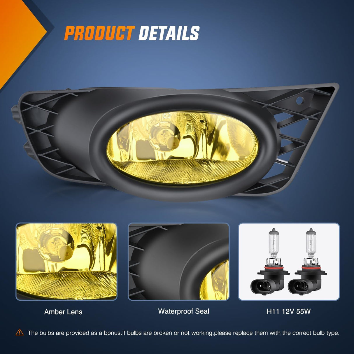 2009-2011 Honda Civic Sedan Fog Light Assembly Amber Lens H11 12V 55W Bulbs Nilight