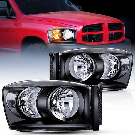 2006-2008 Dodge Ram 1500 2006-2009 Dodge Ram 2500 3500 Headlight Assembly Black Housing Clear Reflector Nilight