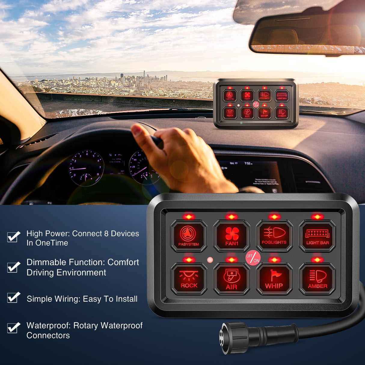 8Gang Multifunction Red Rocker Switch Panel System Nilight