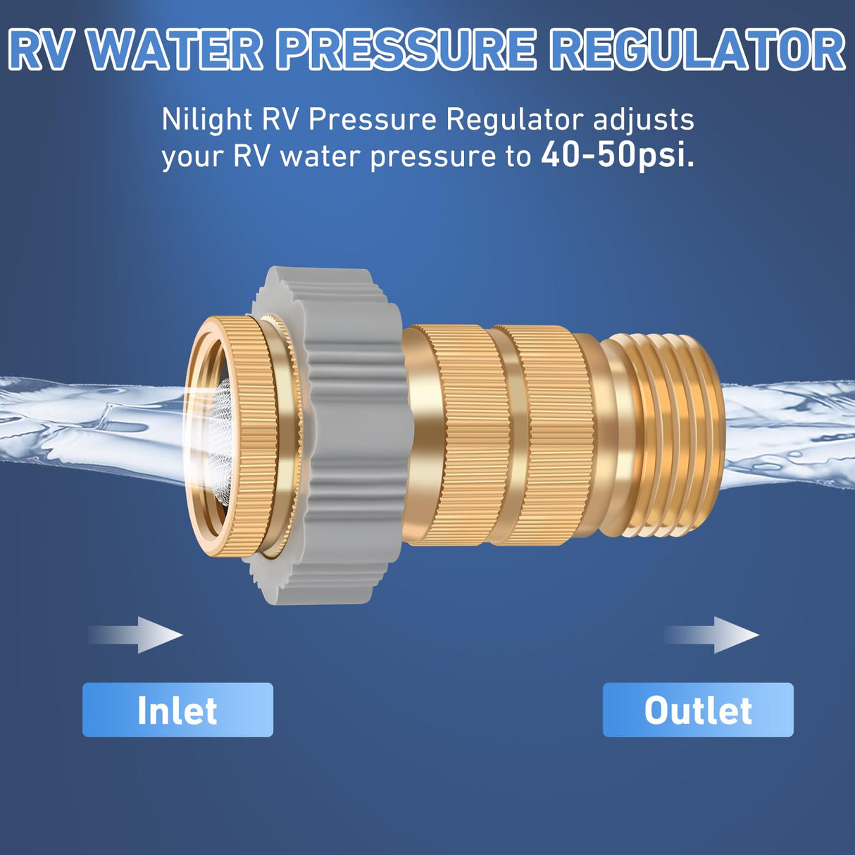 RV Parts RV Hi-Flow Water Regulator for Camper, Lead-Free Brass Water Hose Pressure Reducer Valve with Filter Screen 3/4 Inch Thread for Camper Trailer RV Plumbing System Water Hose, 40-50 psi