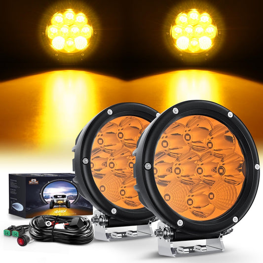 LED Light Bar 5.7" 50W 5040LM Round Yellow Spot/Flood LED Work Lights (Pair) | 16AWG DT Wire