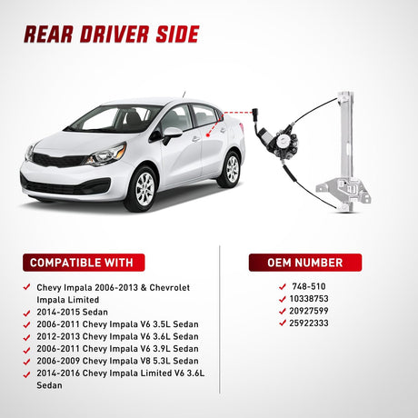 2006-2013 Chevrolet Impala 2014-2016 Impala Limited Rear Driver Side Power Window Regulator Nilight