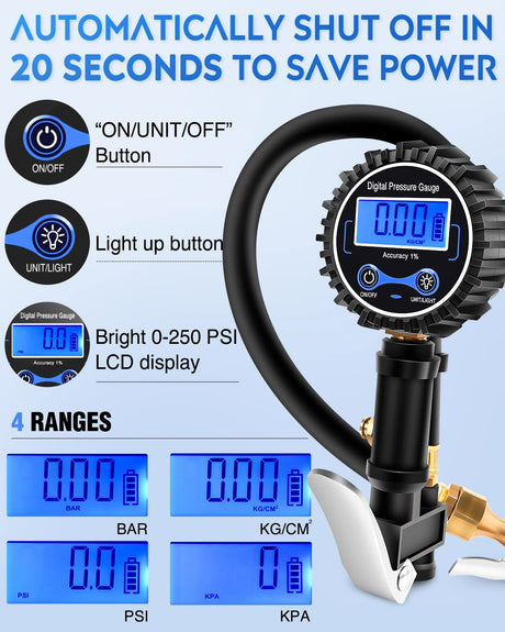 Digital Tire Inflator Pressure Gauge 250PSI Rubber Hose Quick Connect Coupler Nilight