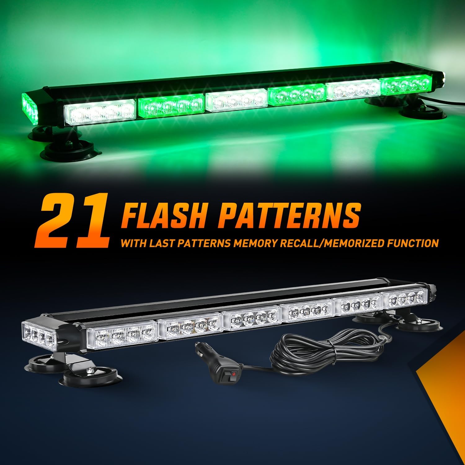 29.5 Inch Roof Top Green White Strobe Lights 56LED Hazard Emergency Warning Light Bar Magnetic Mount Nilight