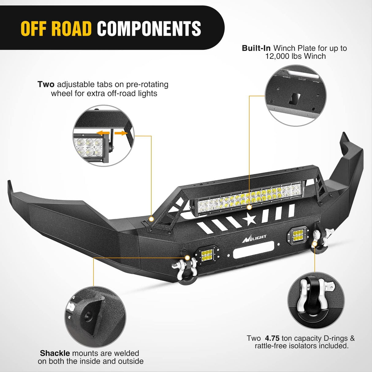 2013-2018 Dodge Ram 1500 Front Bumper Full Width Solid Steel with Winch Plate Offroad 120W LED Light Bar 2Pcs 18W Light Pods D-Rings Nilight